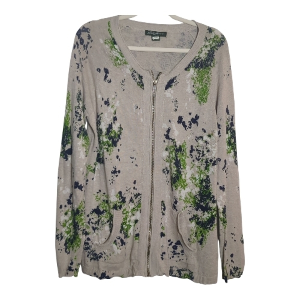 Eddie Bauer Gray Splatter Print Zip Up Cardigan Sweater w/ Pockets Size 1X